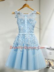 Flirting Mini Length Zipper Damas Dress Baby Blue for Prom and Party and Wedding Party with Lace