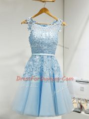 Flirting Mini Length Zipper Damas Dress Baby Blue for Prom and Party and Wedding Party with Lace