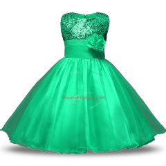 Fancy Turquoise Ball Gowns Scoop Sleeveless Organza and Sequined Knee Length Zipper Belt and Hand Made Flower Flower Girl Dress