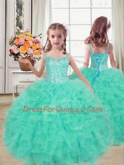 Pretty Beading and Ruffles Quinceanera Dress Turquoise Lace Up Sleeveless Floor Length