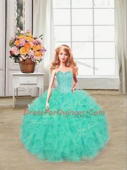 Pretty Beading and Ruffles Quinceanera Dress Turquoise Lace Up Sleeveless Floor Length
