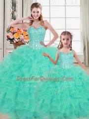 Pretty Beading and Ruffles Quinceanera Dress Turquoise Lace Up Sleeveless Floor Length