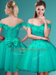 Delicate Tulle Off The Shoulder Cap Sleeves Lace Up Lace and Belt Quinceanera Dama Dress in Turquoise