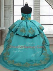 Flirting Sweep Train Ball Gowns Quinceanera Dresses Turquoise Sweetheart Satin Sleeveless Lace Up