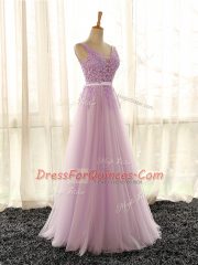 Extravagant Lilac Lace Up Quinceanera Court Dresses Appliques Sleeveless Floor Length