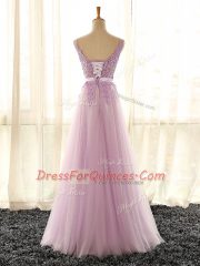 Extravagant Lilac Lace Up Quinceanera Court Dresses Appliques Sleeveless Floor Length