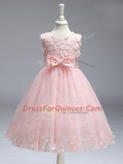 High Quality Baby Pink A-line Scoop Sleeveless Tulle Knee Length Zipper Lace and Bowknot Pageant Gowns For Girls