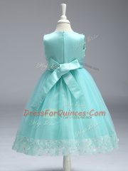 High Quality Baby Pink A-line Scoop Sleeveless Tulle Knee Length Zipper Lace and Bowknot Pageant Gowns For Girls