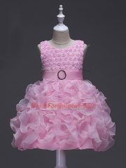 Graceful Rose Pink Sleeveless Knee Length Ruffles and Belt Lace Up Kids Formal Wear