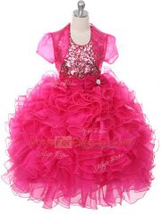 Excellent Hot Pink Little Girls Pageant Dress Wholesale Wedding Party with Ruffles and Sequins and Bowknot Scoop Sleeveless Lace Up