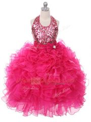 Excellent Hot Pink Little Girls Pageant Dress Wholesale Wedding Party with Ruffles and Sequins and Bowknot Scoop Sleeveless Lace Up