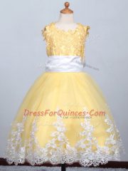 Yellow Pageant Gowns For Girls Wedding Party with Appliques Scoop Sleeveless Lace Up
