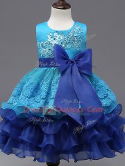 Custom Design Royal Blue Sleeveless Tea Length Lace and Ruffled Layers and Bowknot Zipper Child Pageant Dress