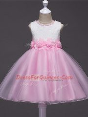 Baby Pink Ball Gowns Scoop Sleeveless Tulle Knee Length Zipper Lace and Hand Made Flower Kids Pageant Dress