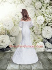 Off The Shoulder 3 4 Length Sleeve Flower Girl Dress Floor Length Lace White Lace
