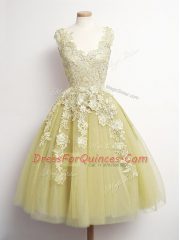 Cheap Yellow A-line Appliques Dama Dress for Quinceanera Lace Up Tulle Sleeveless Knee Length