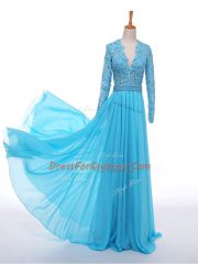 Chiffon Long Sleeves Floor Length Prom Dress and Lace and Appliques