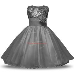 Hot Selling Grey Organza and Sequined Zipper Flower Girl Dresses for Less Sleeveless Knee Length Bowknot and Belt and Hand Made Flower