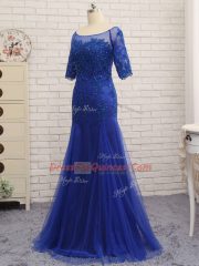 Stylish Half Sleeves Floor Length Lace and Appliques Zipper Prom Party Dress with Royal Blue
