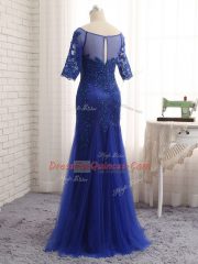 Stylish Half Sleeves Floor Length Lace and Appliques Zipper Prom Party Dress with Royal Blue