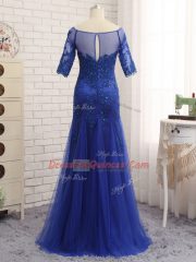 Stylish Half Sleeves Floor Length Lace and Appliques Zipper Prom Party Dress with Royal Blue