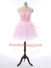 High Quality Baby Pink Sleeveless Mini Length Lace and Appliques Zipper Dress for Prom