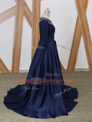 Great Navy Blue 3 4 Length Sleeve Beading Zipper
