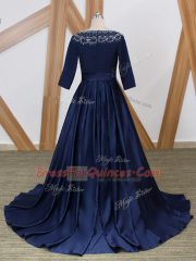 Great Navy Blue 3 4 Length Sleeve Beading Zipper