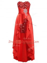 Coral Red Sweetheart Neckline Beading and Ruching Prom Dresses Sleeveless Zipper