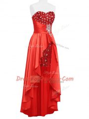 Coral Red Sweetheart Neckline Beading and Ruching Prom Dresses Sleeveless Zipper