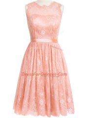 Peach Quinceanera Court Dresses Prom and Party and Wedding Party with Lace Scoop Sleeveless Zipper