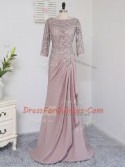 Pink Ball Gowns Scoop Half Sleeves Elastic Woven Satin Brush Train Zipper Beading and Lace and Appliques Prom Dresses