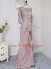 Pink Ball Gowns Scoop Half Sleeves Elastic Woven Satin Brush Train Zipper Beading and Lace and Appliques Prom Dresses