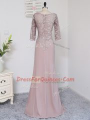 Pink Ball Gowns Scoop Half Sleeves Elastic Woven Satin Brush Train Zipper Beading and Lace and Appliques Prom Dresses