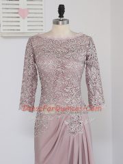Pink Ball Gowns Scoop Half Sleeves Elastic Woven Satin Brush Train Zipper Beading and Lace and Appliques Prom Dresses