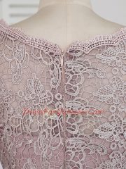 Pink Ball Gowns Scoop Half Sleeves Elastic Woven Satin Brush Train Zipper Beading and Lace and Appliques Prom Dresses