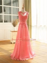 Edgy Watermelon Red Zipper Scoop Beading and Lace and Appliques Prom Party Dress Chiffon Sleeveless