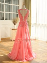 Edgy Watermelon Red Zipper Scoop Beading and Lace and Appliques Prom Party Dress Chiffon Sleeveless
