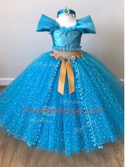Baby Blue Ball Gowns Sequins and Belt Toddler Flower Girl Dress Zipper Tulle Cap Sleeves Floor Length