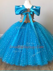 Baby Blue Ball Gowns Sequins and Belt Toddler Flower Girl Dress Zipper Tulle Cap Sleeves Floor Length