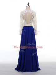 Long Sleeves Chiffon Floor Length Zipper in Blue And White with Lace and Appliques