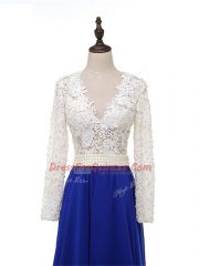Long Sleeves Chiffon Floor Length Zipper in Blue And White with Lace and Appliques