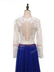 Long Sleeves Chiffon Floor Length Zipper in Blue And White with Lace and Appliques