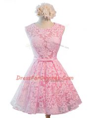 Baby Pink A-line Lace Scoop Sleeveless Belt Knee Length Lace Up Dama Dress for Quinceanera
