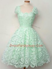Beauteous Apple Green Straps Neckline Lace Dama Dress Cap Sleeves Lace Up