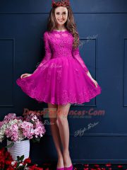 Fuchsia A-line Chiffon Scalloped 3 4 Length Sleeve Beading and Lace and Appliques Mini Length Lace Up Dama Dress for Quinceanera