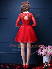 Fuchsia A-line Chiffon Scalloped 3 4 Length Sleeve Beading and Lace and Appliques Mini Length Lace Up Dama Dress for Quinceanera