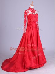 Captivating Brush Train A-line Prom Evening Gown Red Halter Top Taffeta Long Sleeves Zipper