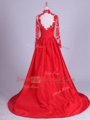 Captivating Brush Train A-line Prom Evening Gown Red Halter Top Taffeta Long Sleeves Zipper