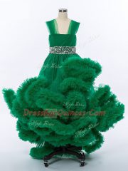 Sleeveless High Low Beading and Hand Made Flower Lace Up Child Pageant Dress with Dark Green